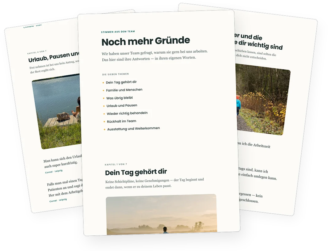 Aufgefächerte Seiten des Dokuments mit allen 125 Gründen aus dem Team